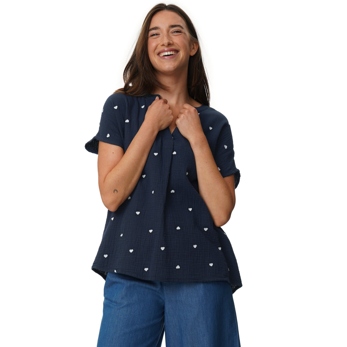 Damen Musselin-Bluse mit Herz-Stickerei