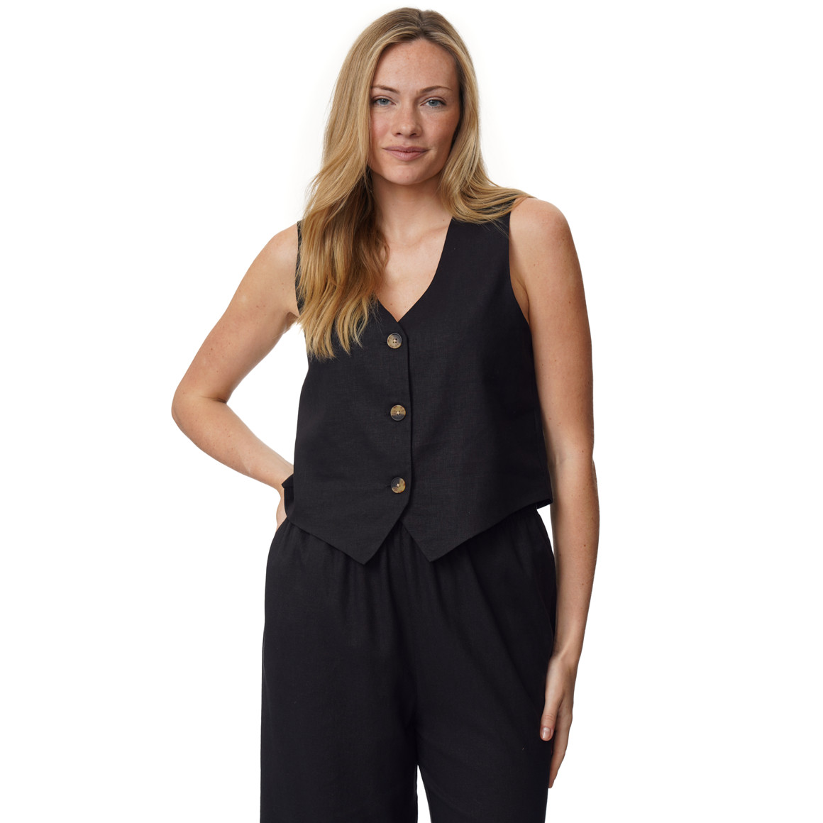 Damen Leinen-Weste mit Knopfleiste