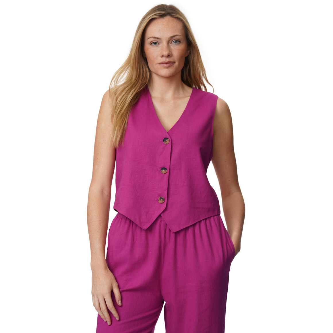 Damen Leinen-Weste mit Knopfleiste