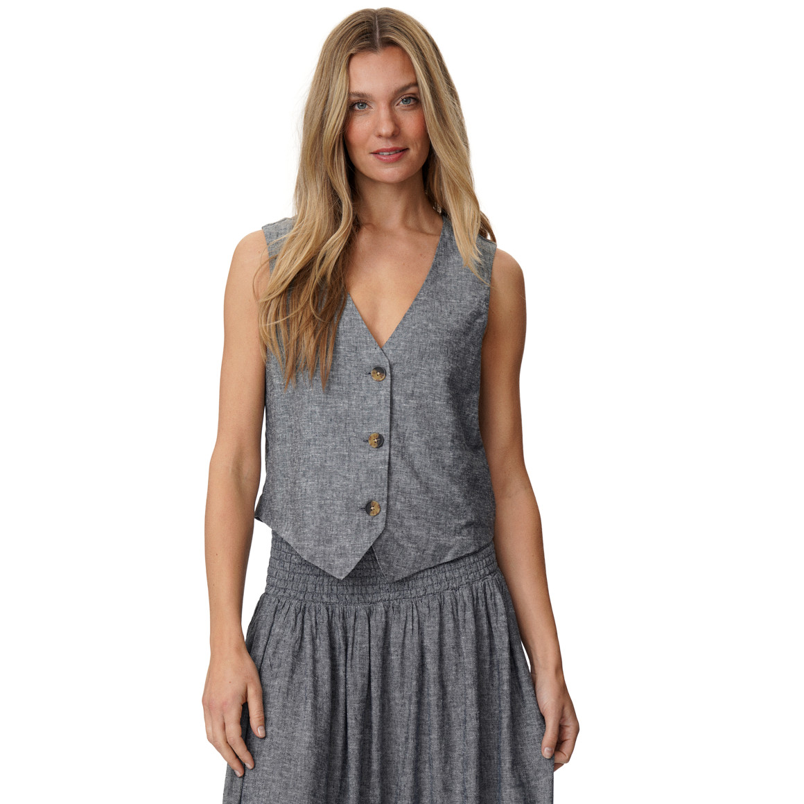 Damen Leinen-Weste mit Knopfleiste