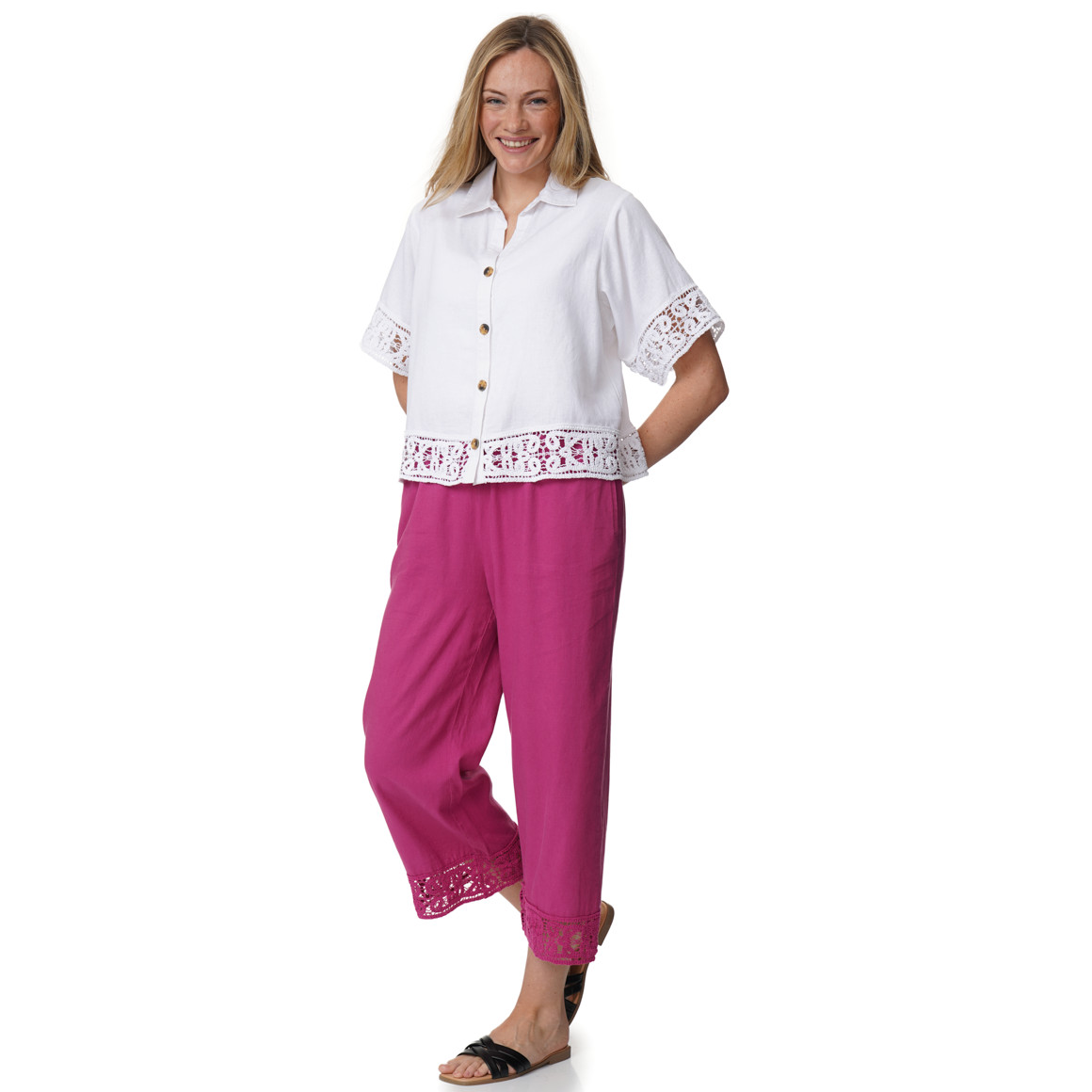 Damen Leinen-Bluse mit Spitze