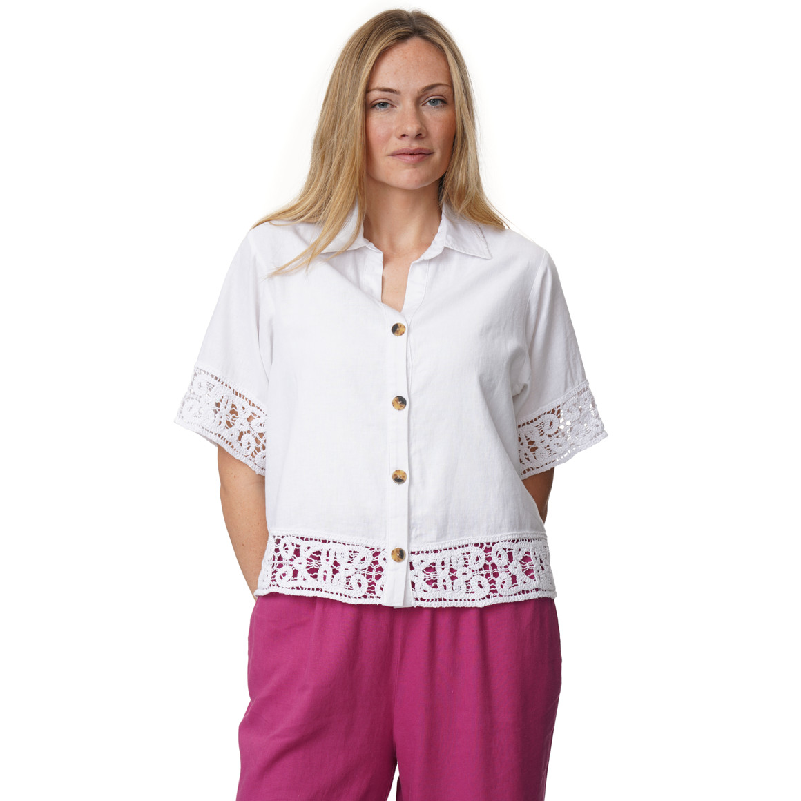 Damen Leinen-Bluse mit Spitze