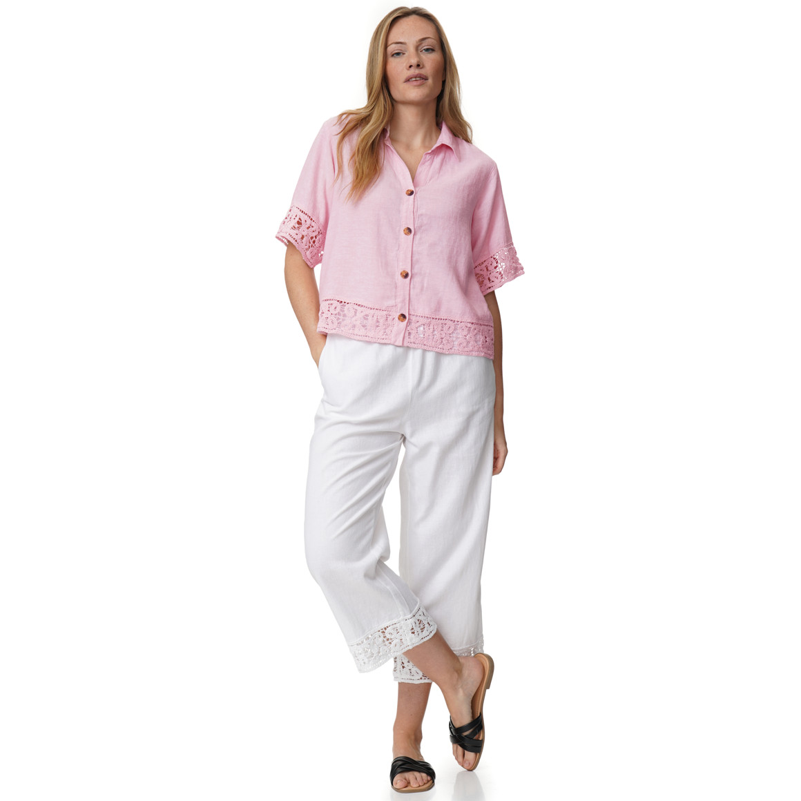 Damen Leinen-Bluse mit Spitze
