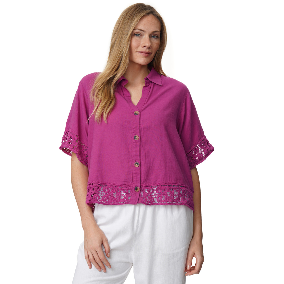 Damen Leinen-Bluse mit Spitze