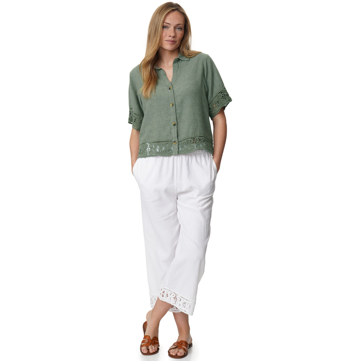 Damen Leinen-Bluse mit Spitze