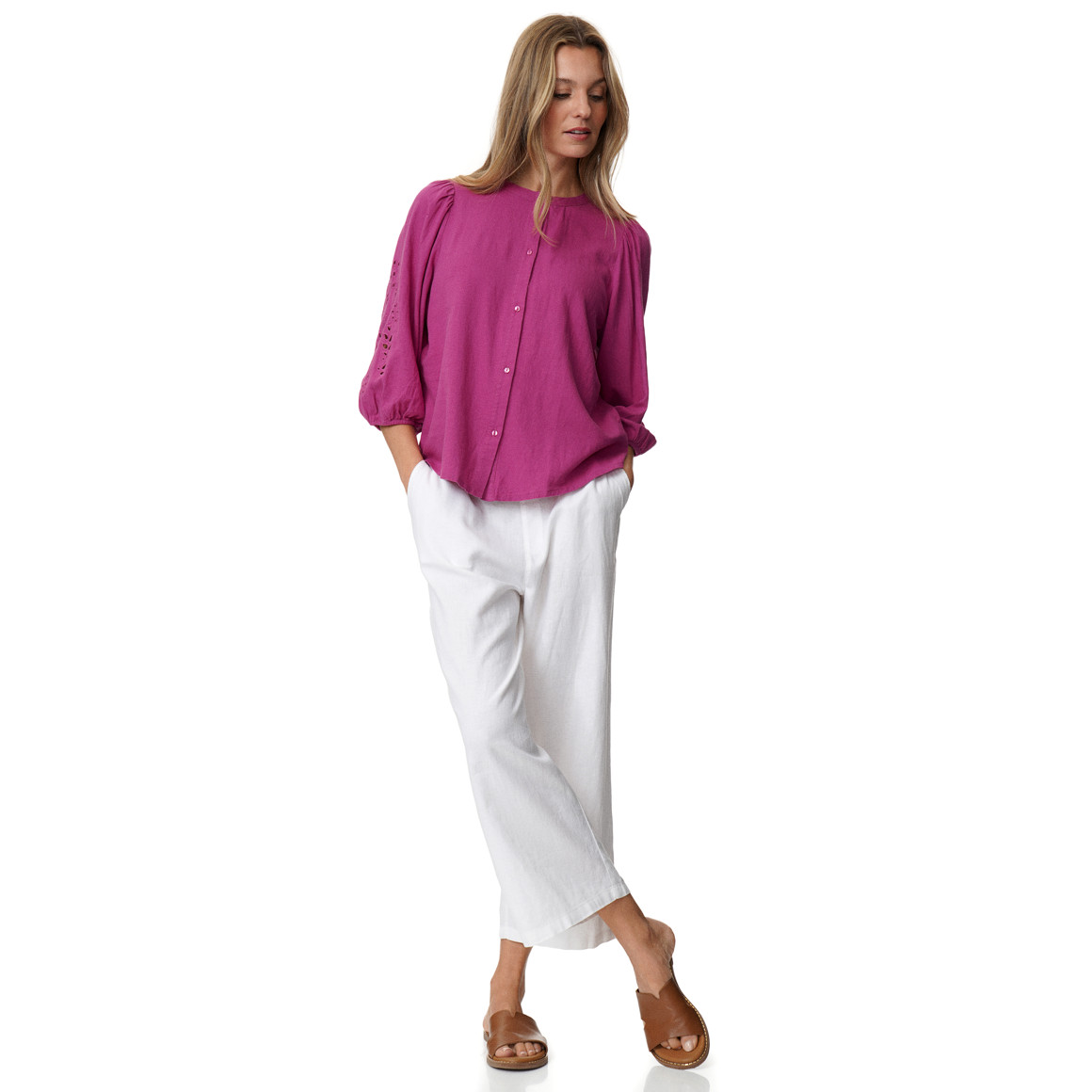 Damen Leinen-Bluse mit Spitze