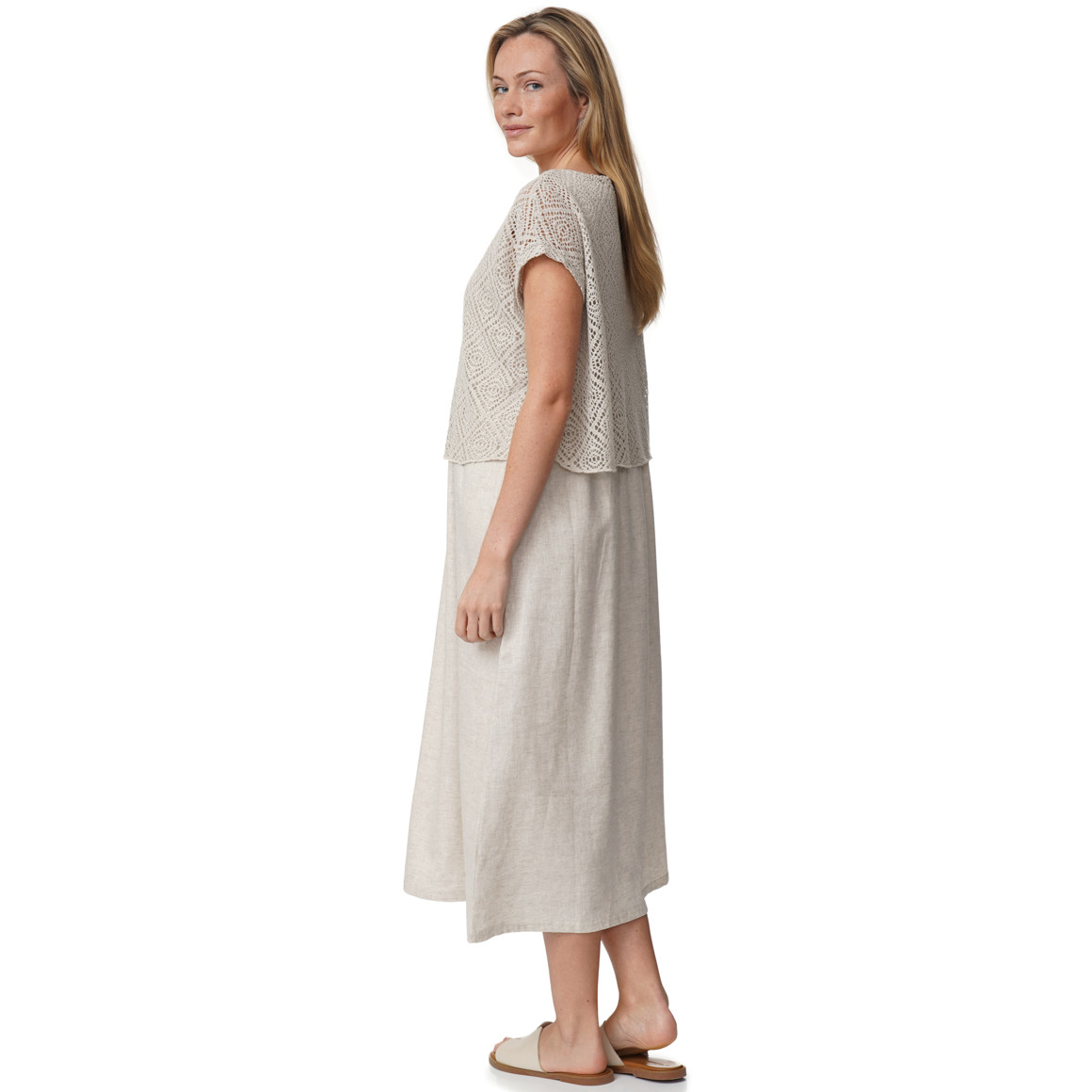 Damen Leinen-Kleid mit Häkeloberteil