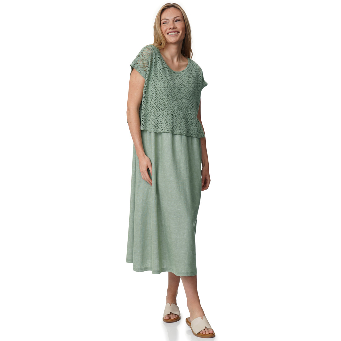 Damen Leinen-Kleid mit Häkeloberteil