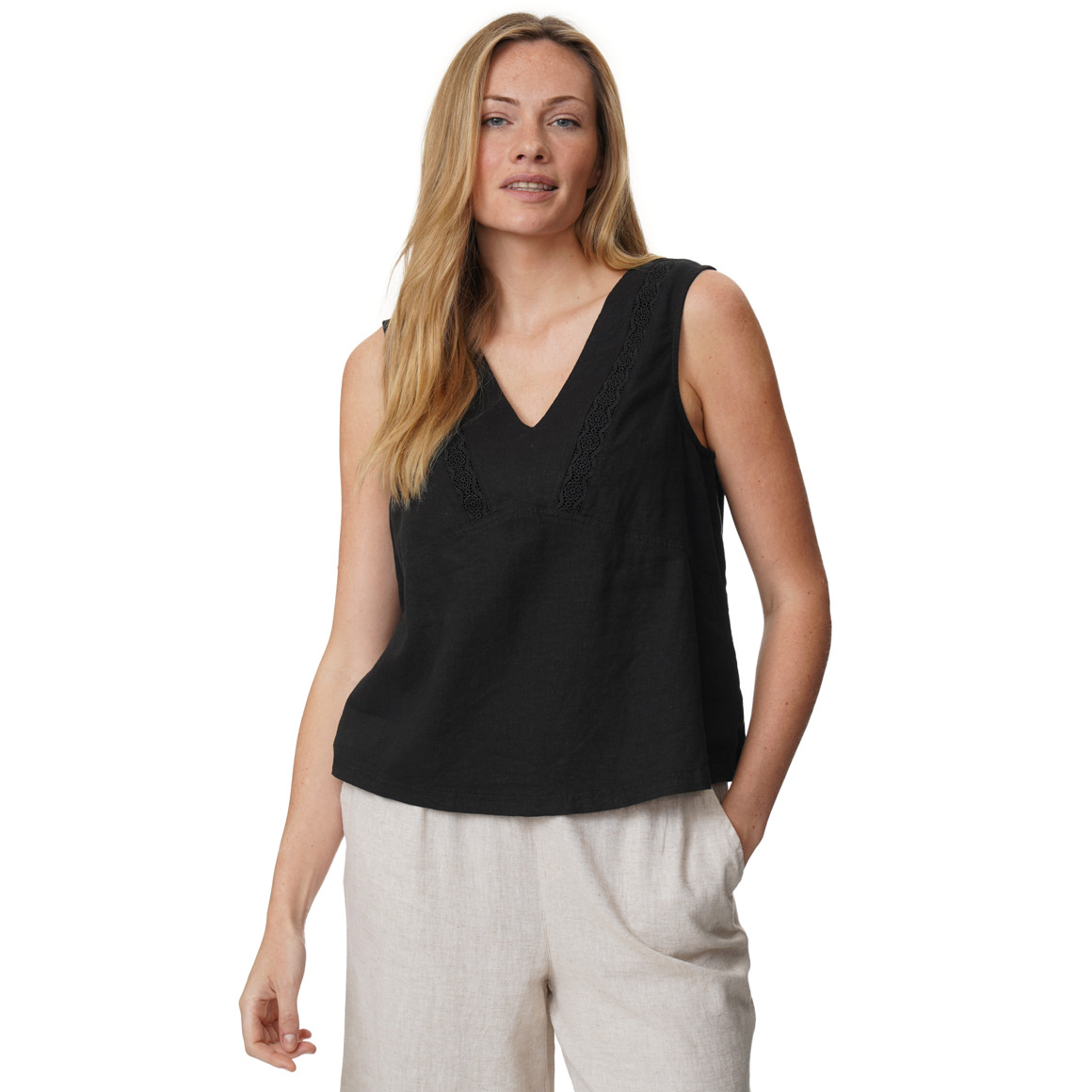 Damen Leinen-Bluse mit Häkelspitze