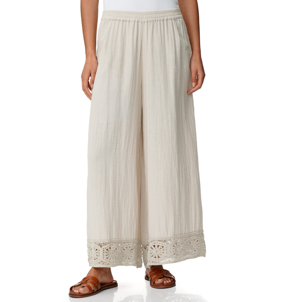 Damen Musselin-Hose mit Häkelsaum