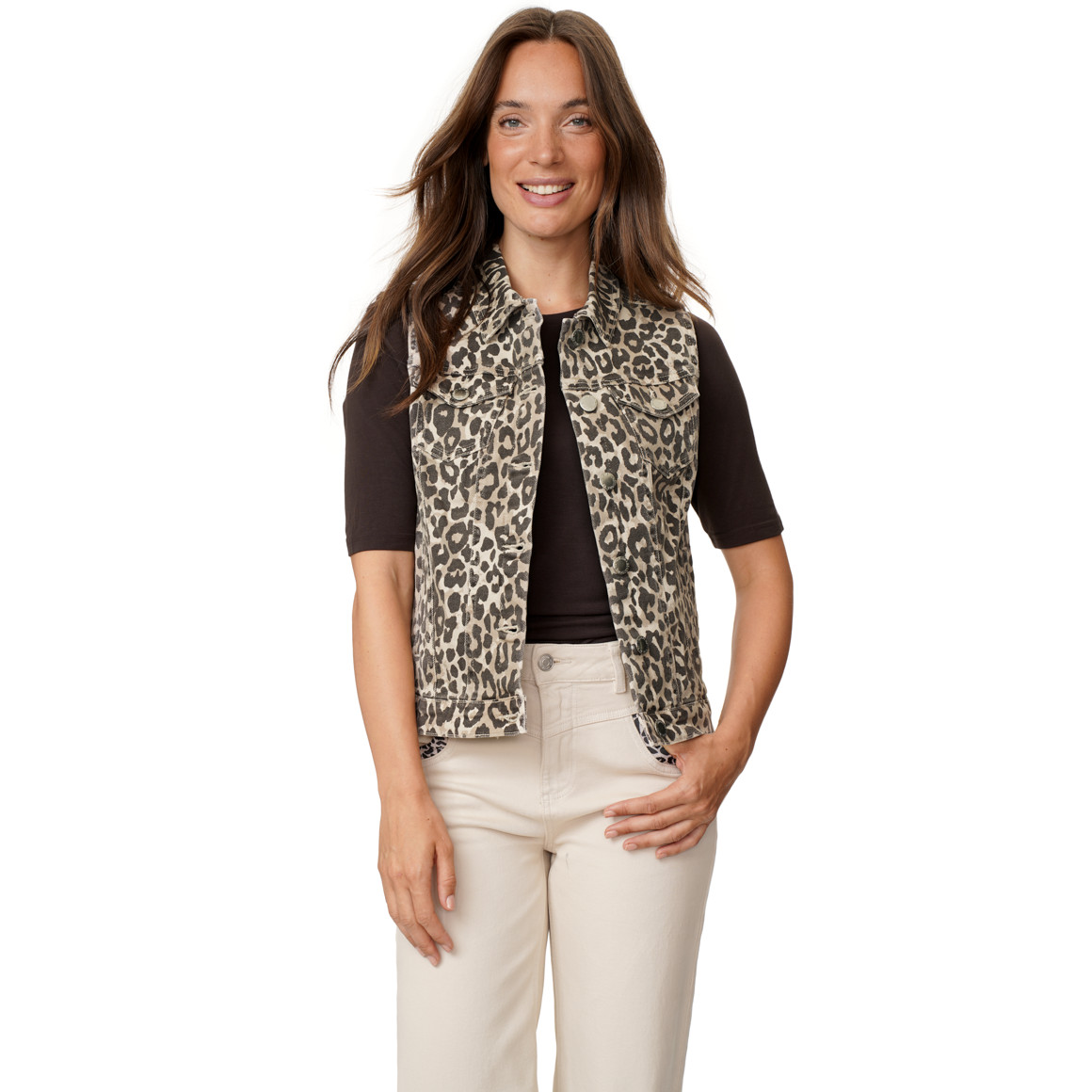 Damen Jeansweste in Leo-Optik