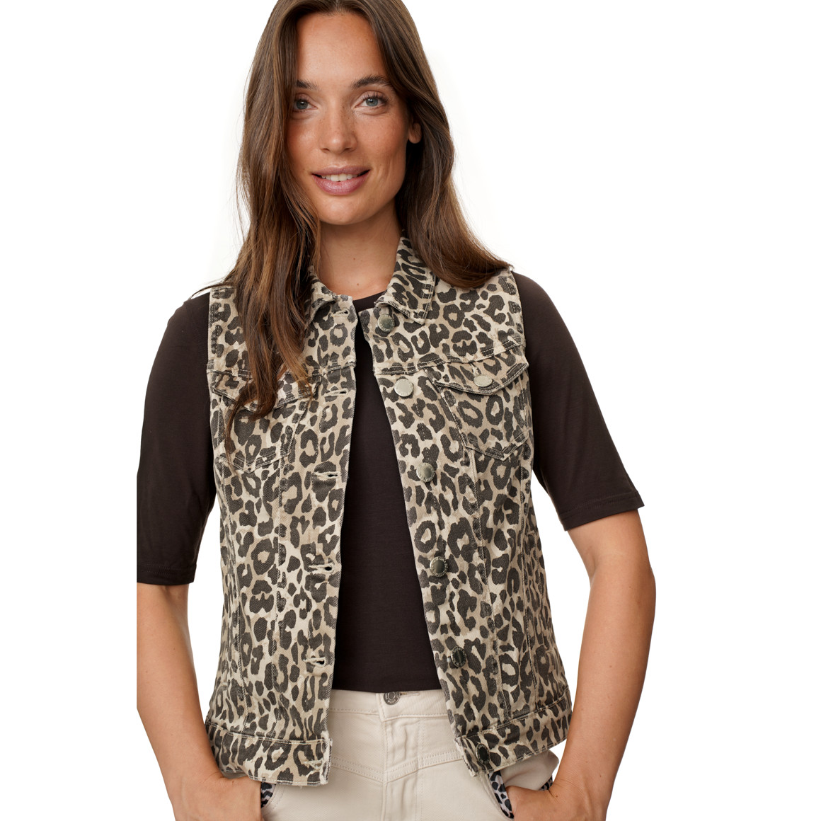 Damen Jeansweste in Leo-Optik