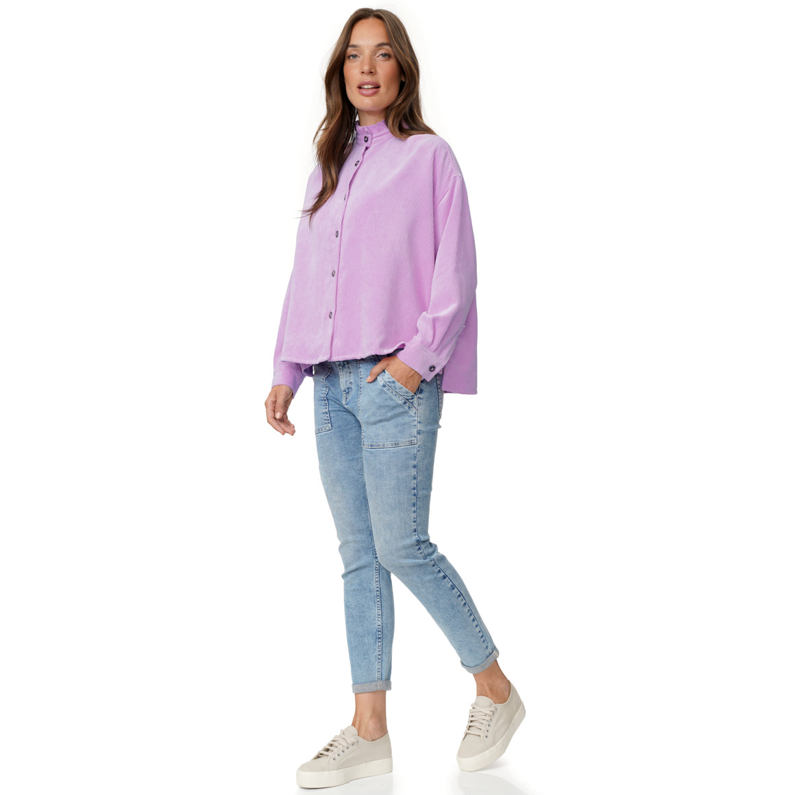 Damen Cordbluse mit Rüschenkragen