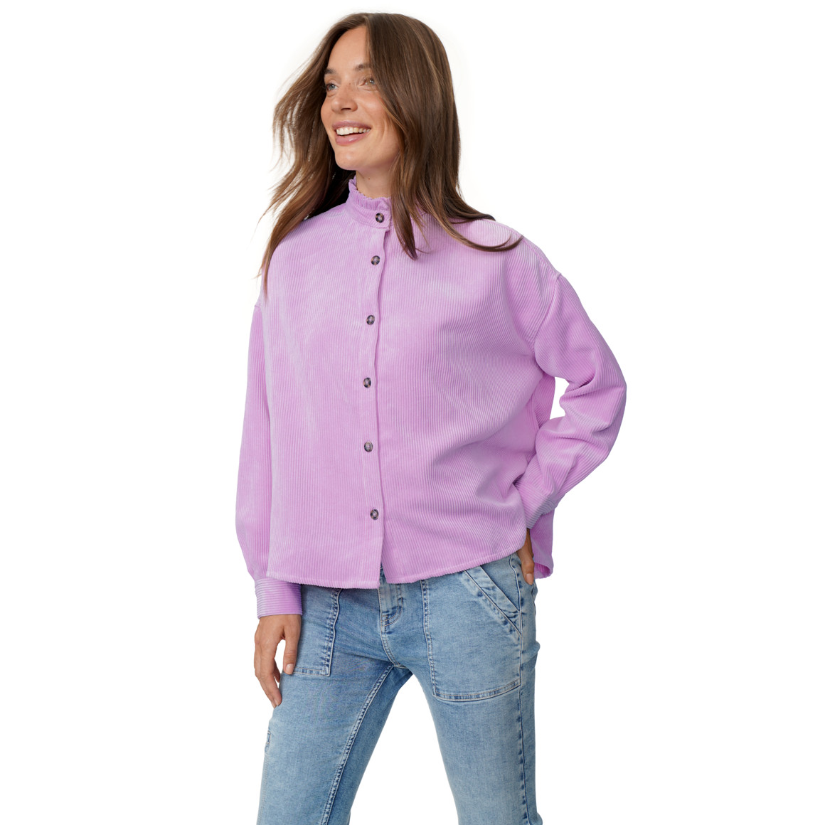 Damen Cordbluse mit Rüschenkragen