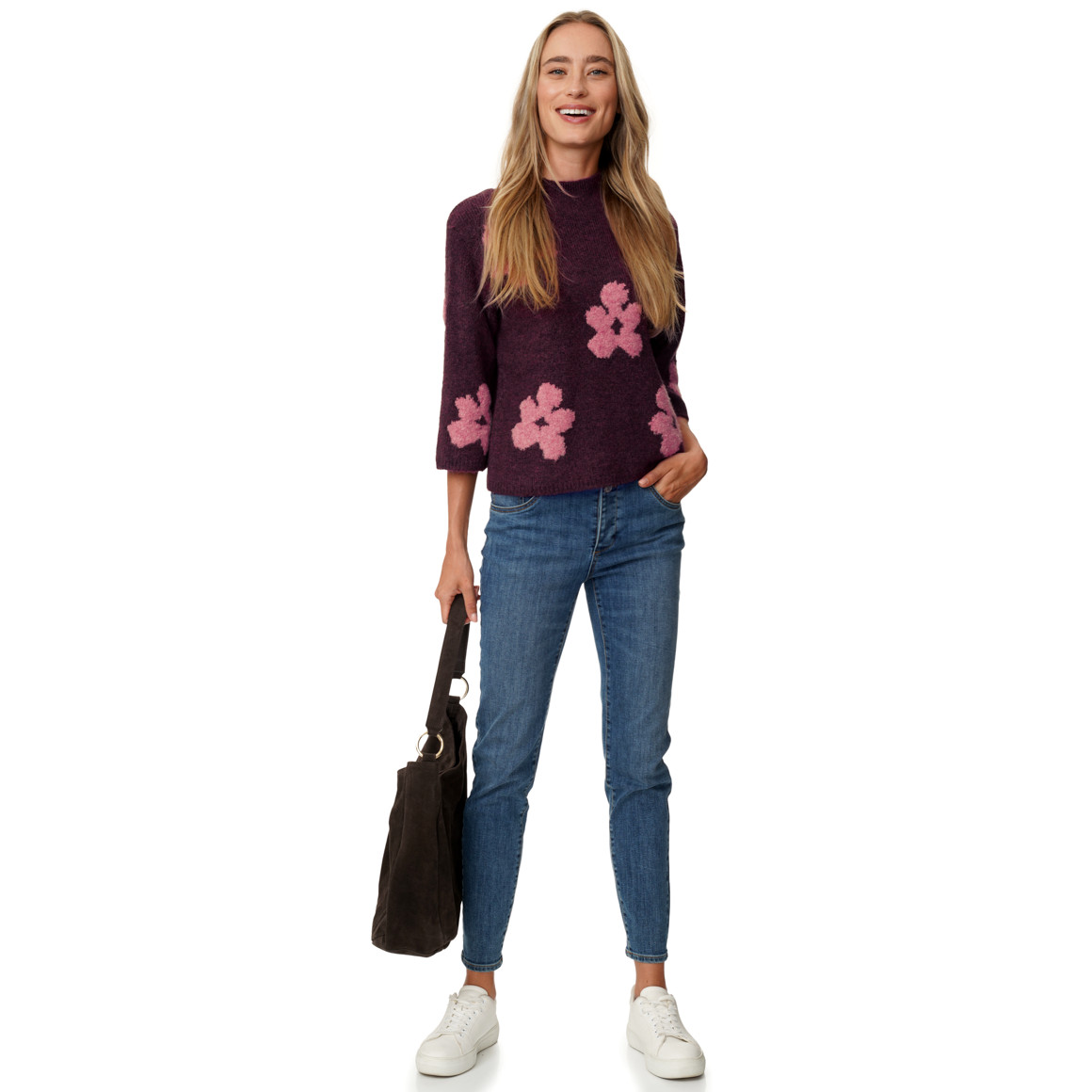 Damen Strickpullover mit Blumenmuster