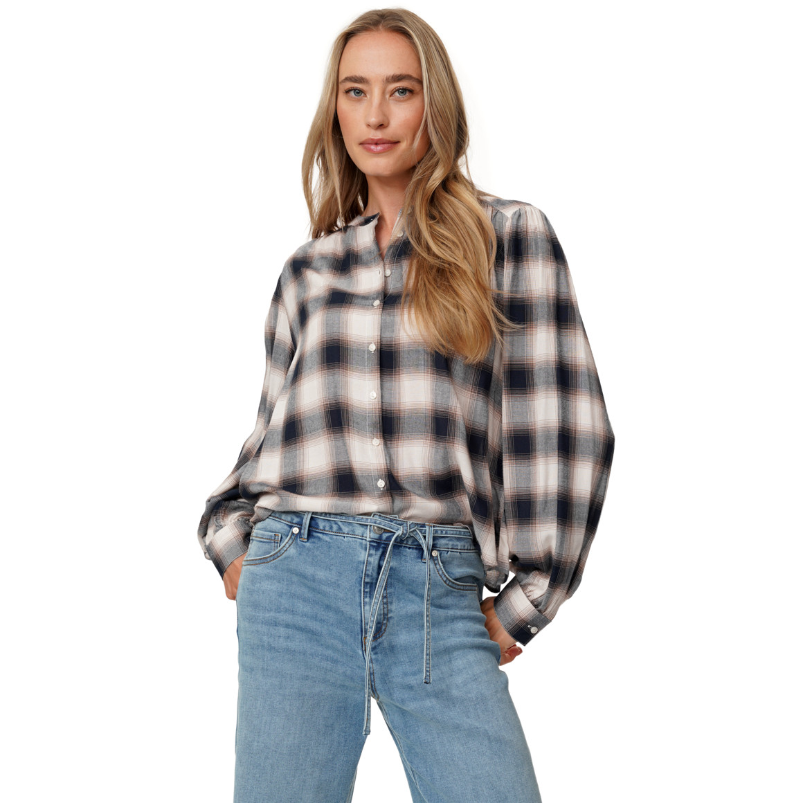 Damen Karobluse mit Knopfleiste