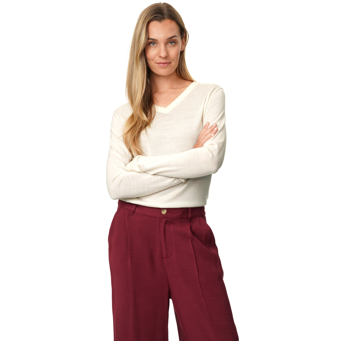 Damen Merino-Langarmshirt mit V-Ausschnitt