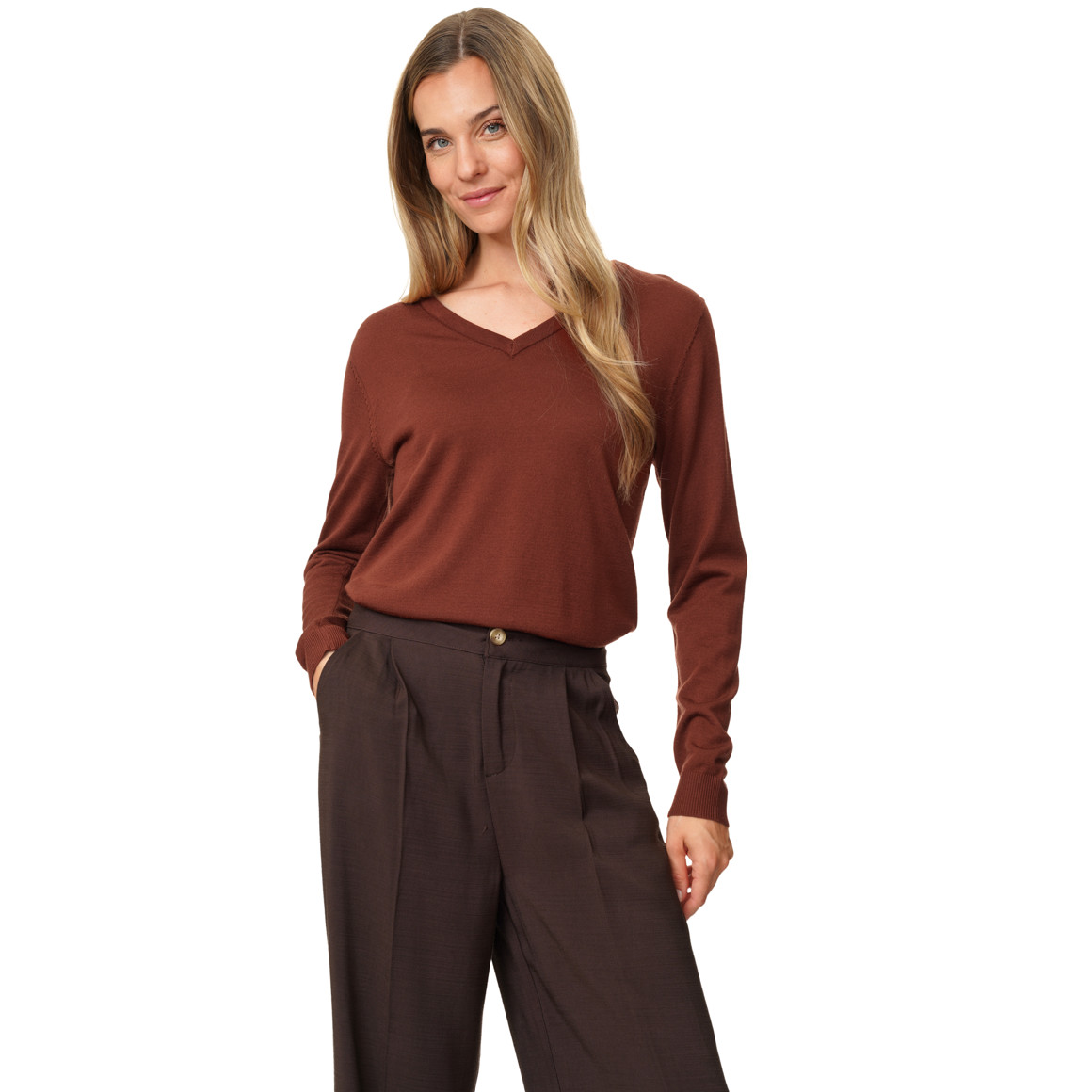 Damen Merino-Langarmshirt mit V-Ausschnitt