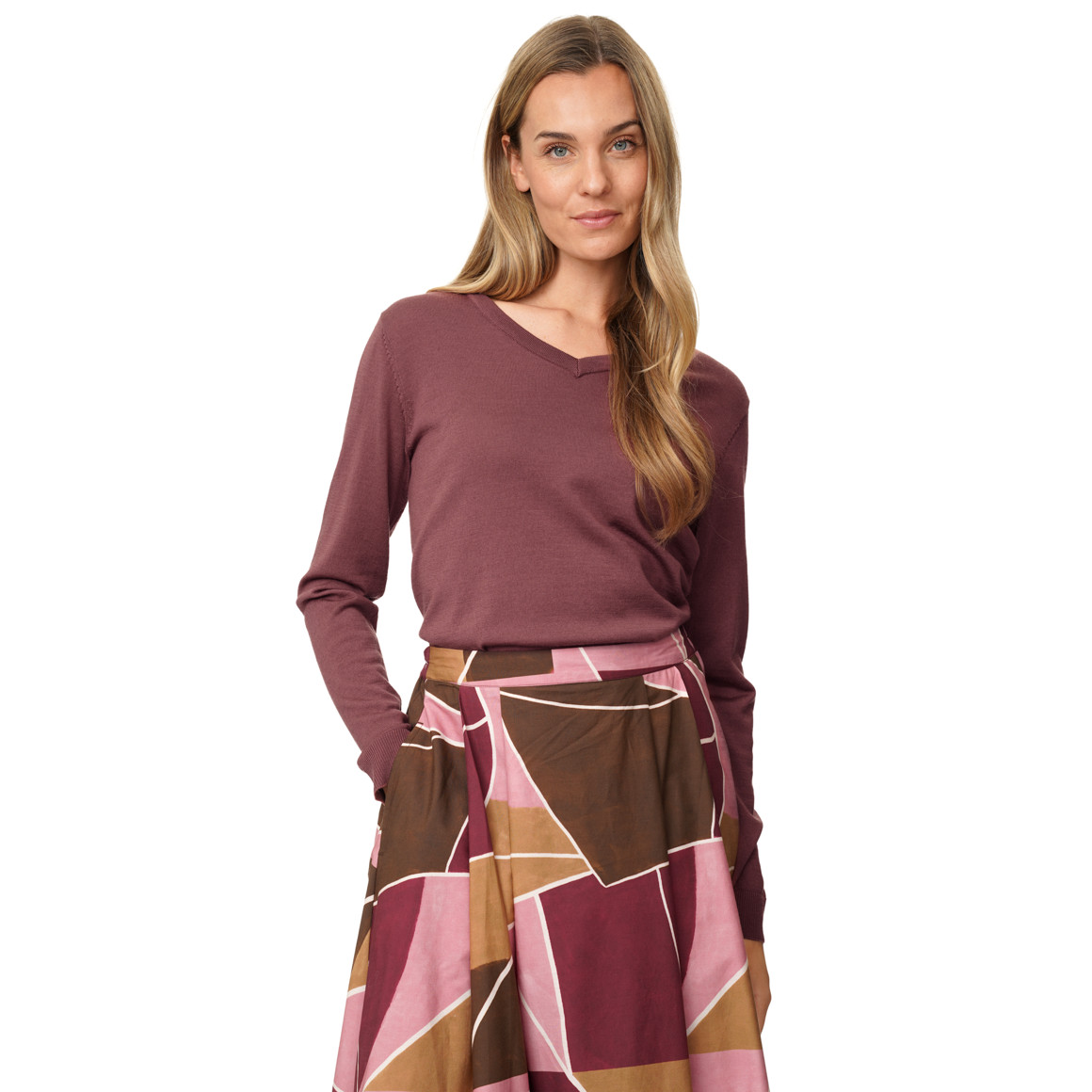 Damen Merino-Langarmshirt mit V-Ausschnitt