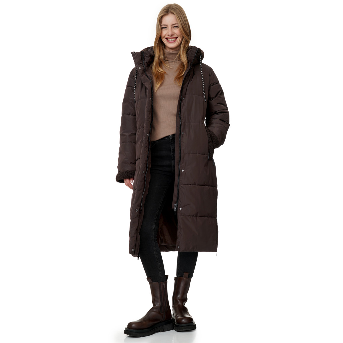 Damen Steppmantel mit Teddy-Details