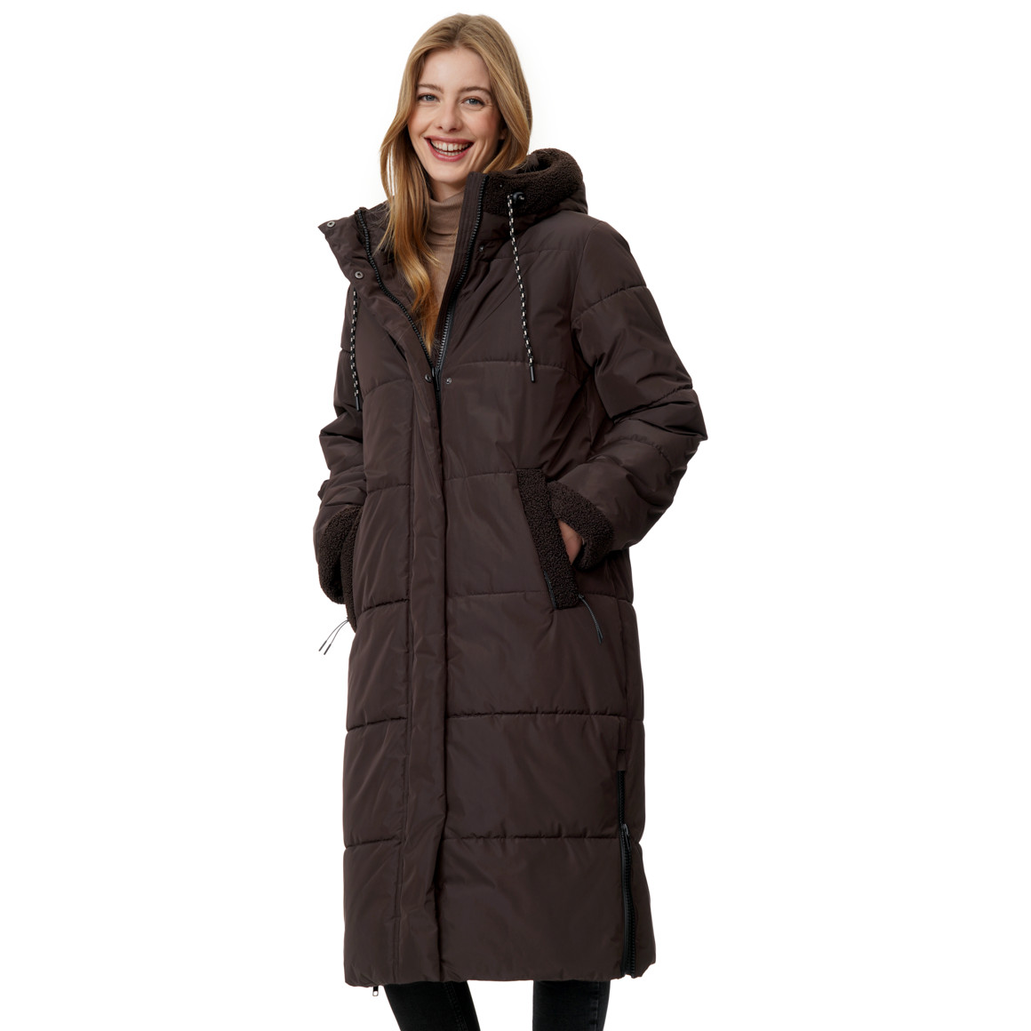 Damen Steppmantel mit Teddy-Details