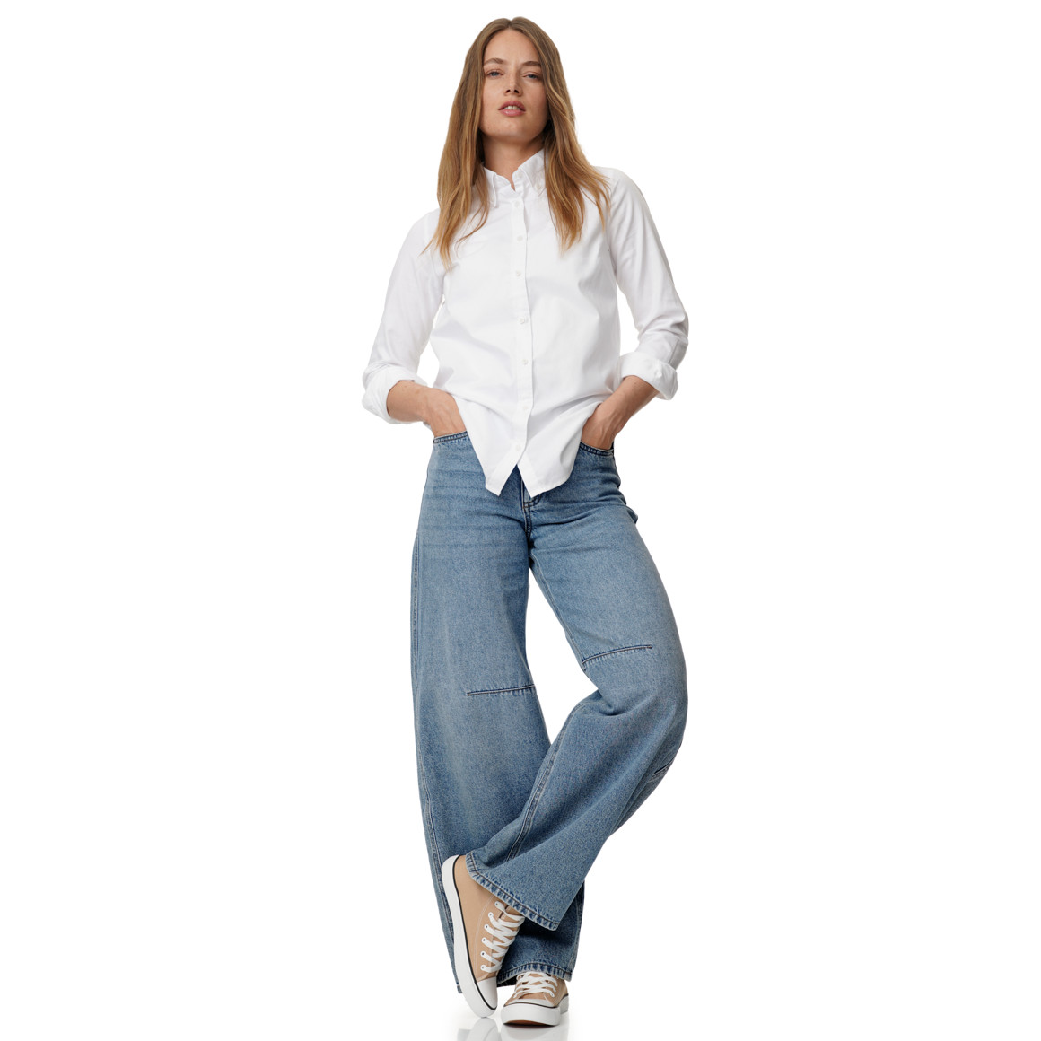 Damesjeans met barrel-pasvorm in denimlook