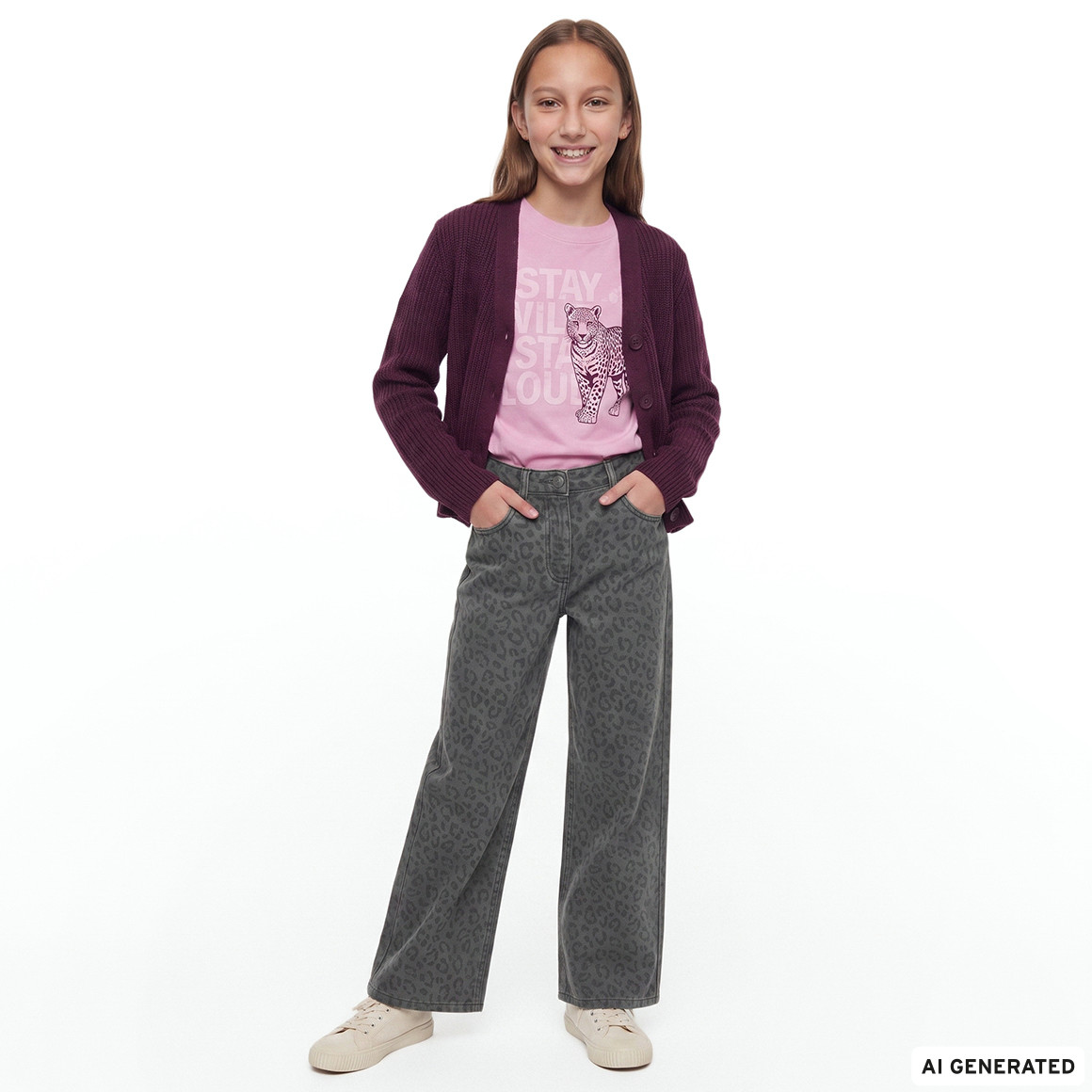Mädchen Wide-Leg-Jeans mit Leo-Muster
