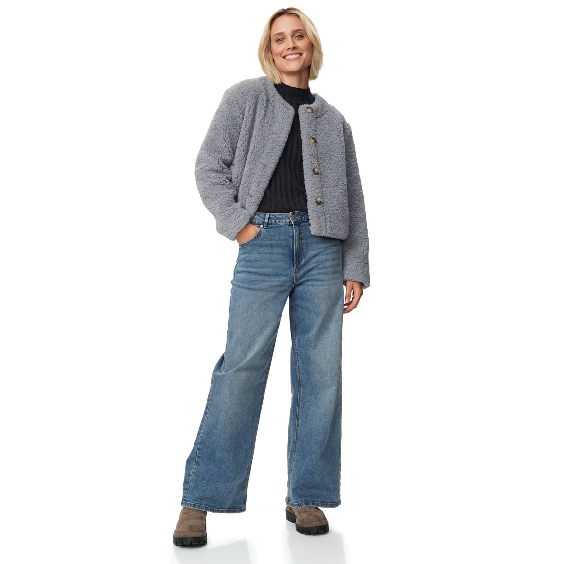 Damen Teddyjacke mit Knopfleiste