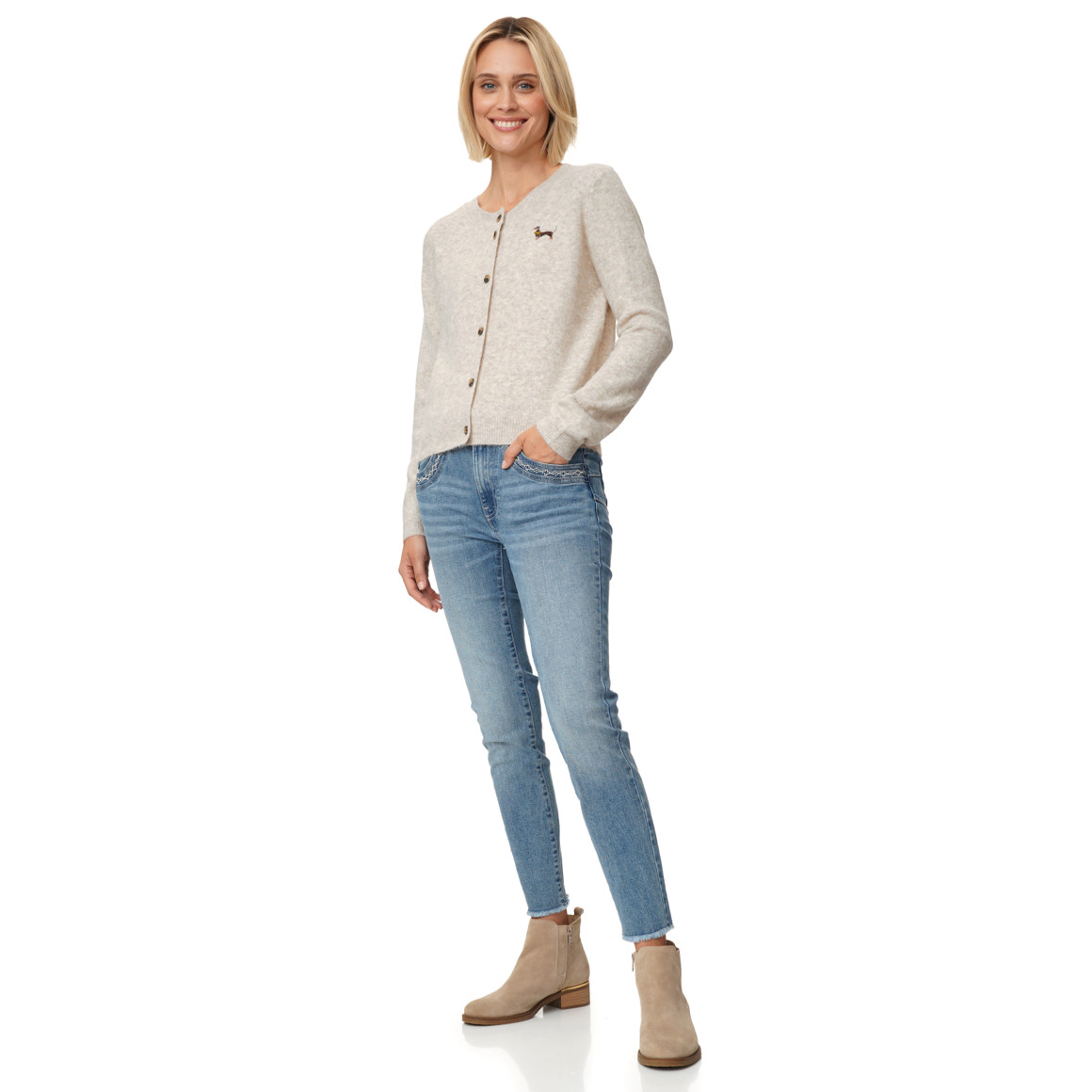 Damen Strickjacke mit Dackel-Stickerei