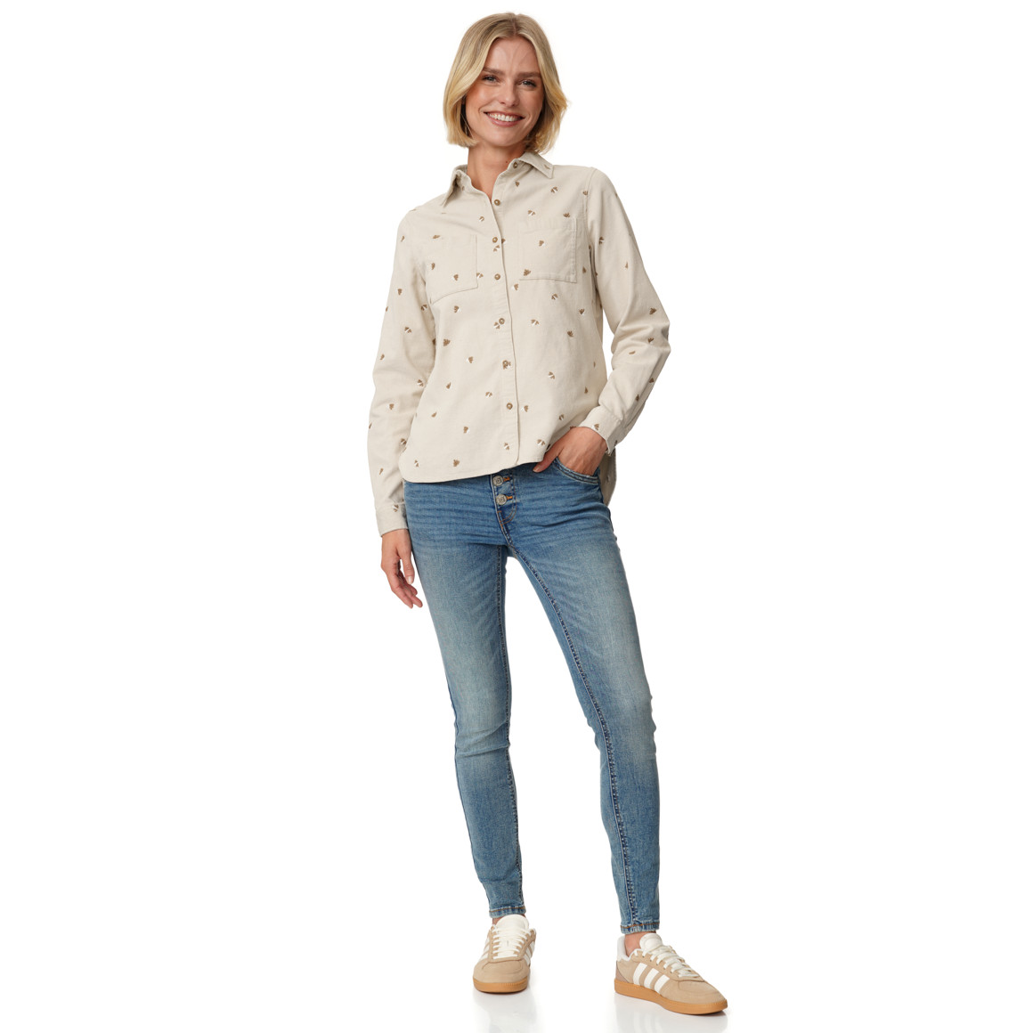 Damen Cordbluse mit floraler Stickerei