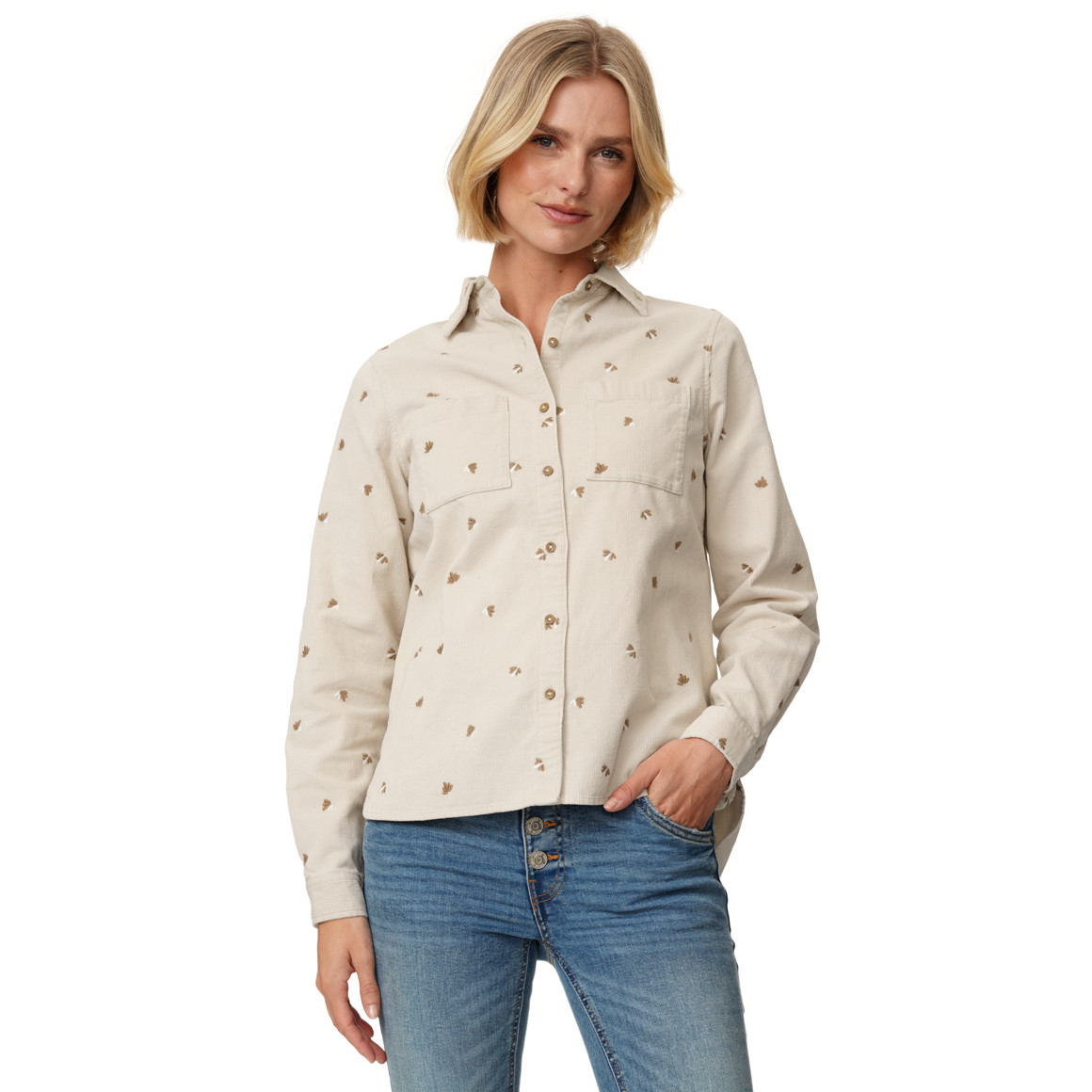 Damen Cordbluse mit floraler Stickerei