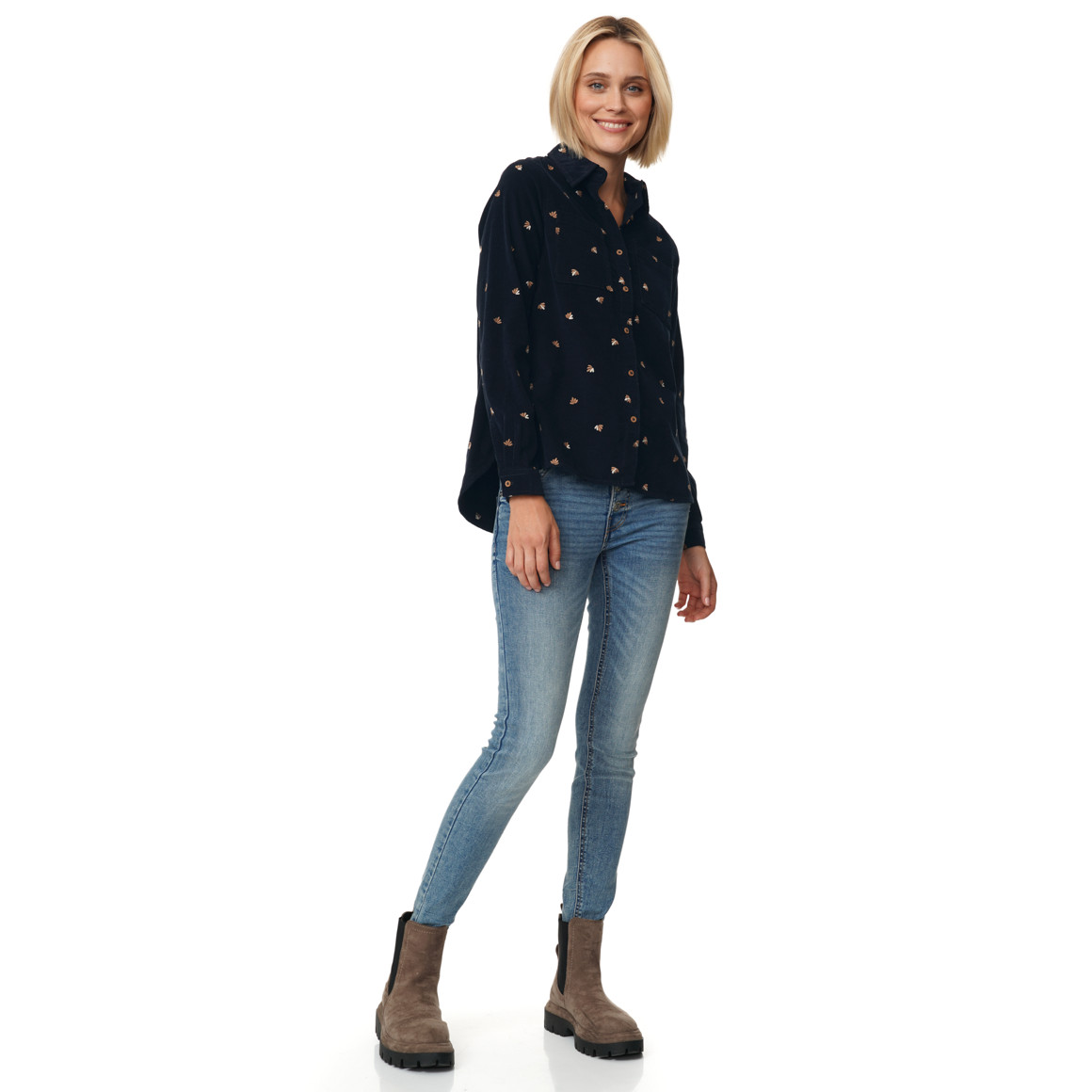 Damen Cordbluse mit floraler Stickerei