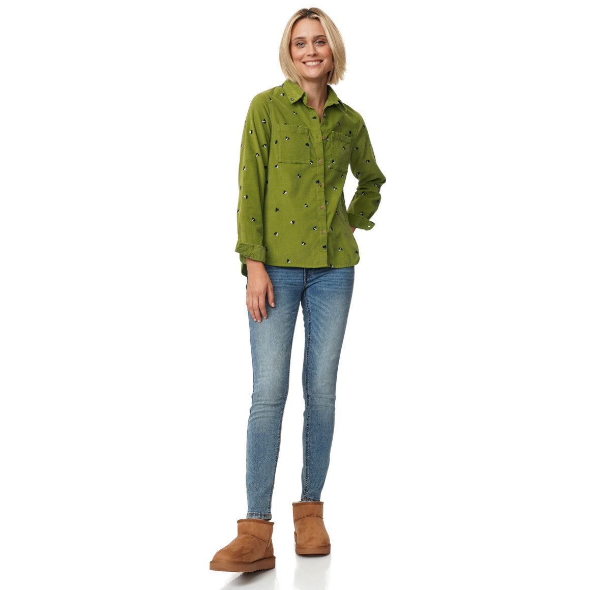 Damen Cordbluse mit floraler Stickerei