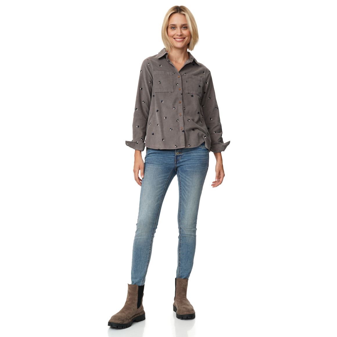 Damen Cordbluse mit floraler Stickerei