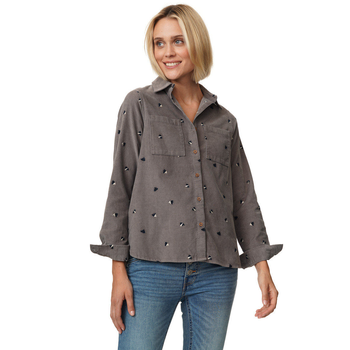 Damen Cordbluse mit floraler Stickerei