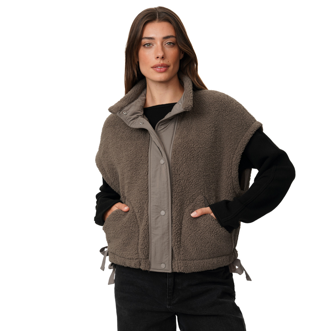 Damen Teddyweste mit Druckknöpfen