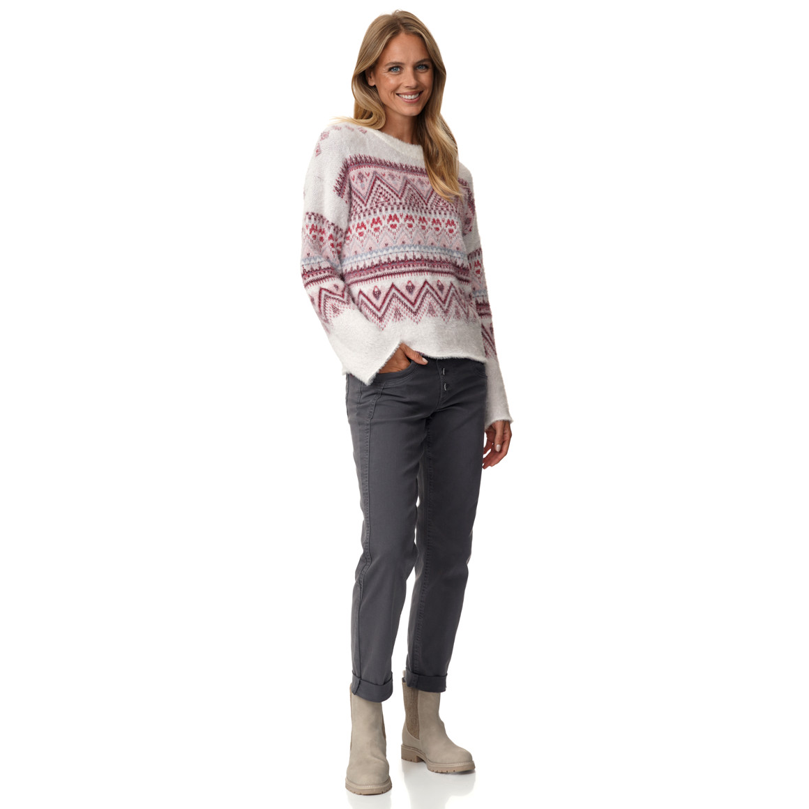 Damen Boyfriend-Jeans mit schräger Knöpfung