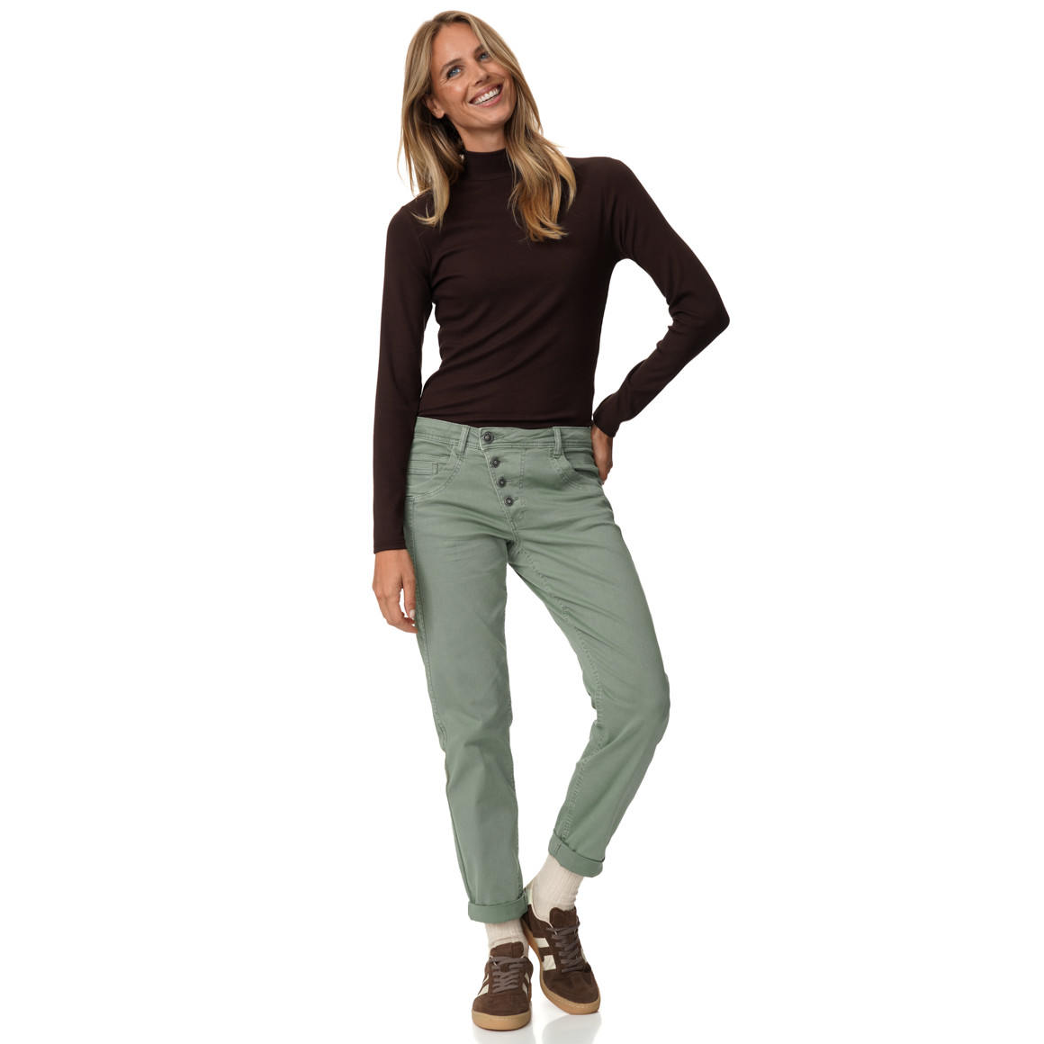 Damen Boyfriend-Jeans mit schräger Knöpfung