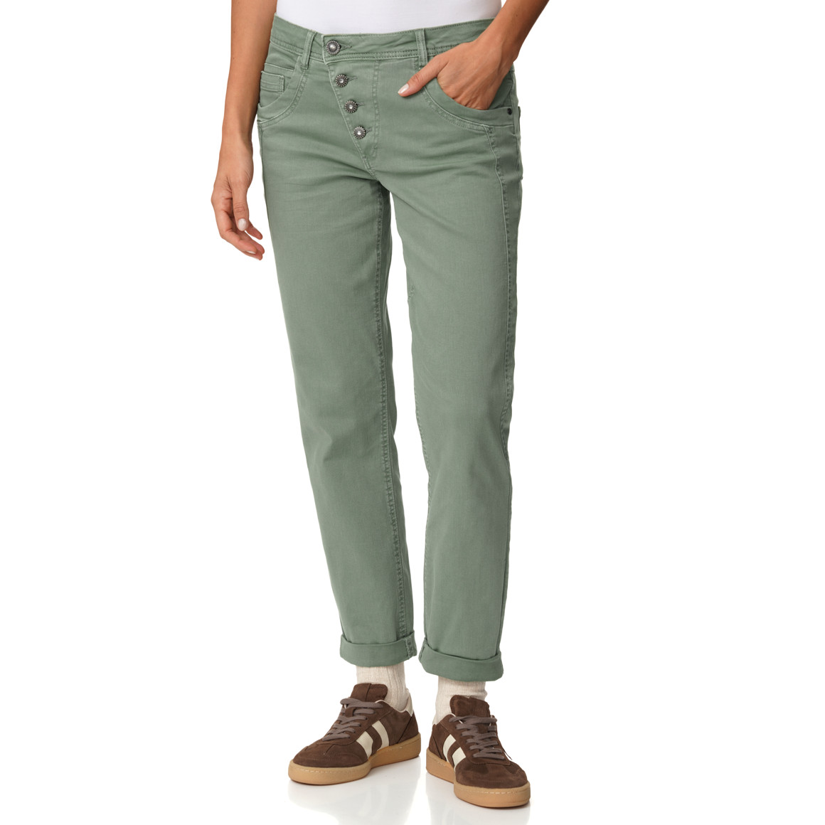 Damen Boyfriend-Jeans mit schräger Knöpfung