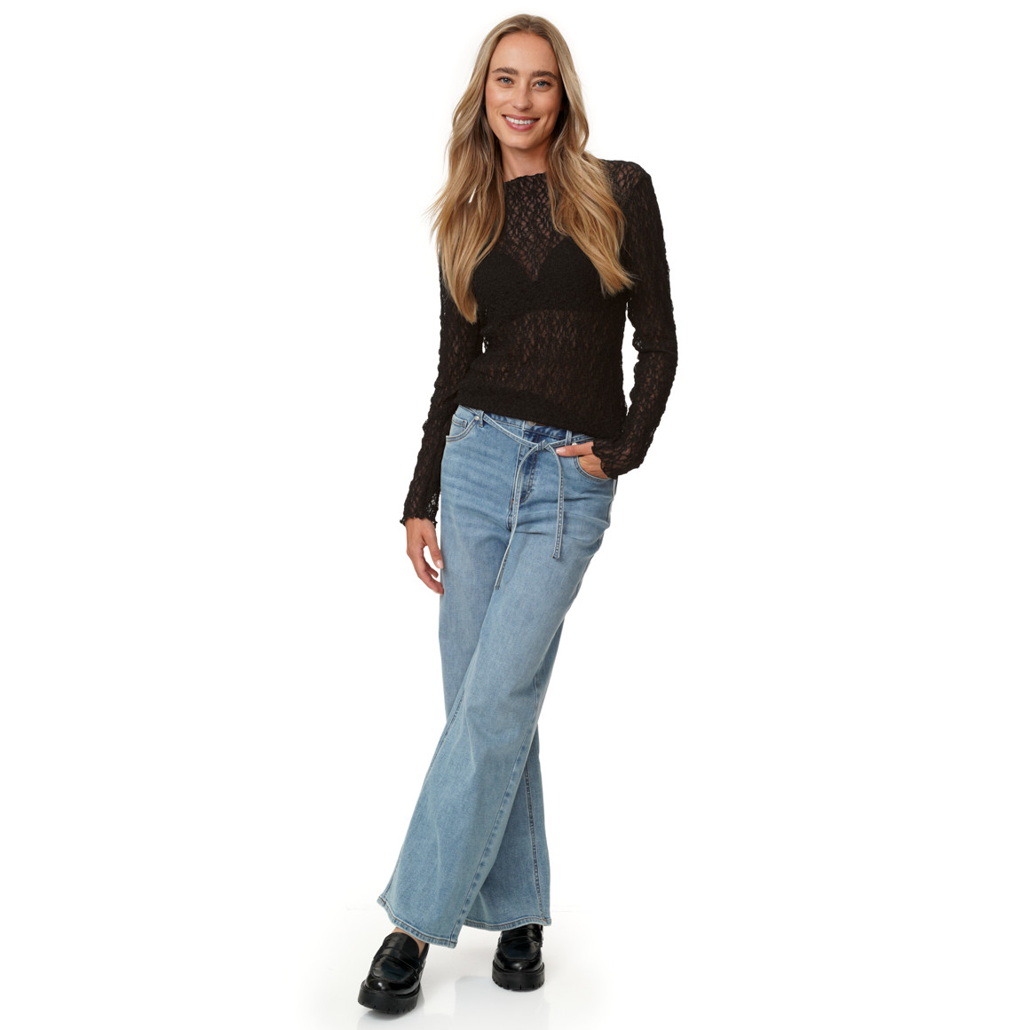 Damen Spitzenshirt mit Wellensaum