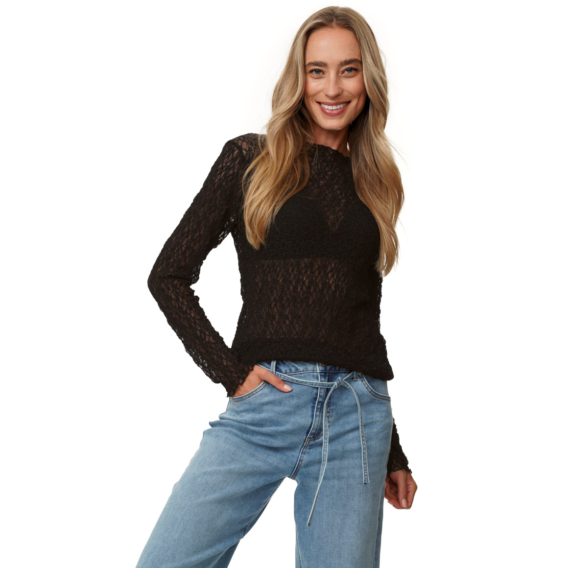 Damen Spitzenshirt mit Wellensaum