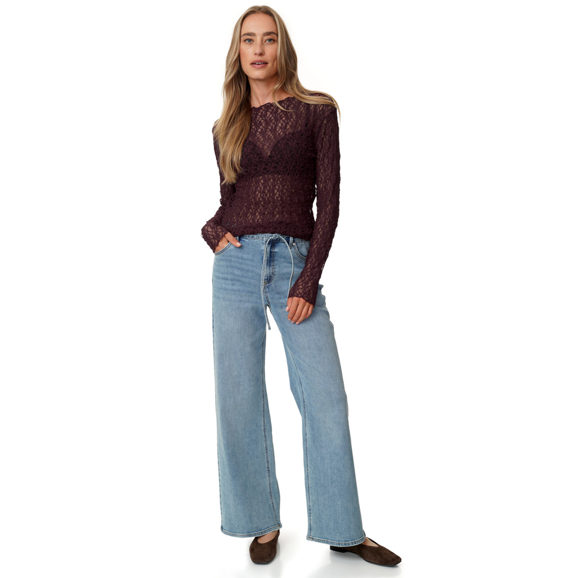 Damen Spitzenshirt mit Wellensaum