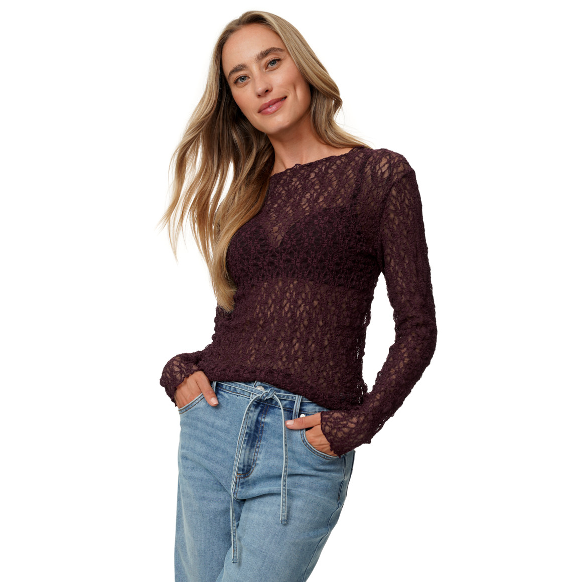 Damen Spitzenshirt mit Wellensaum