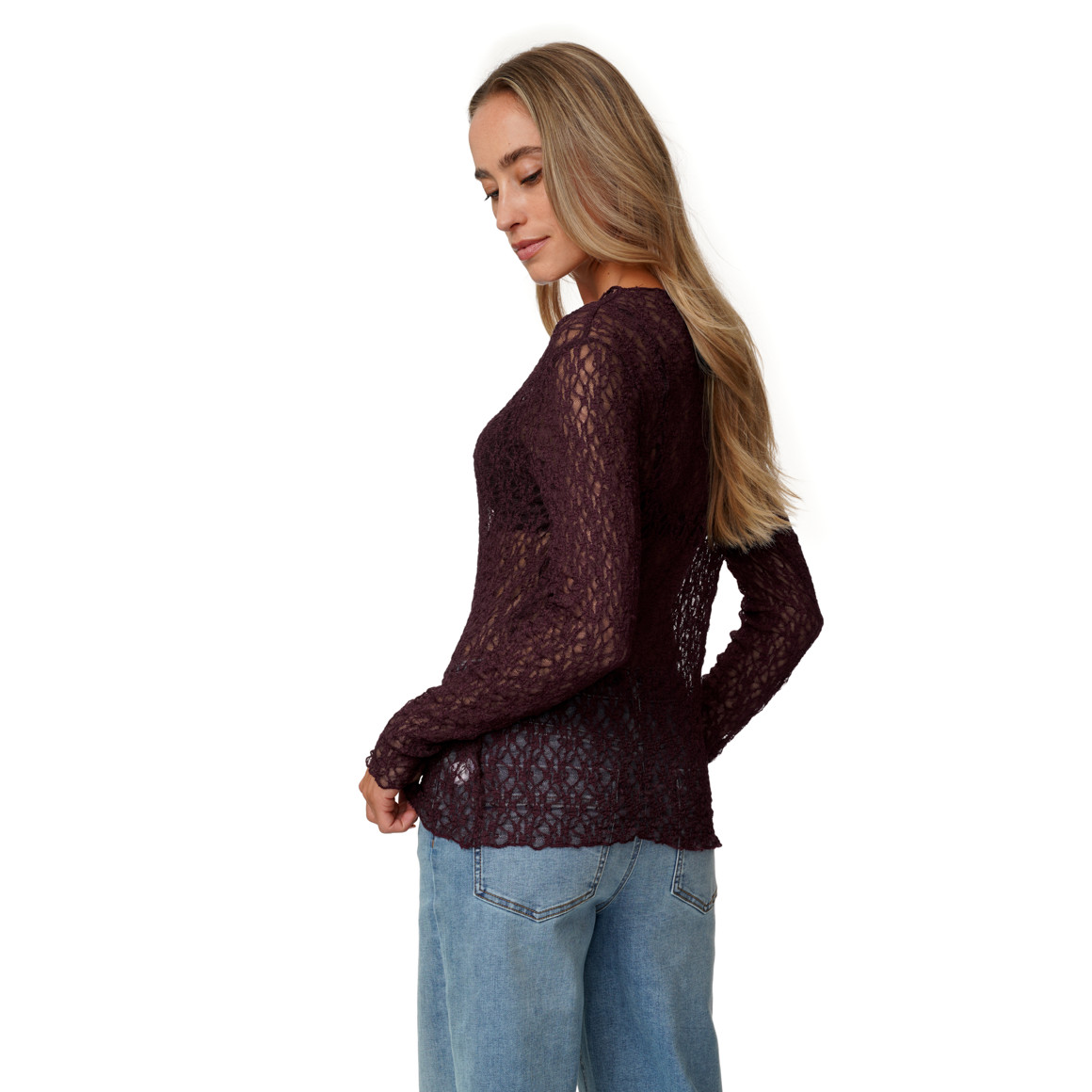 Damen Spitzenshirt mit Wellensaum