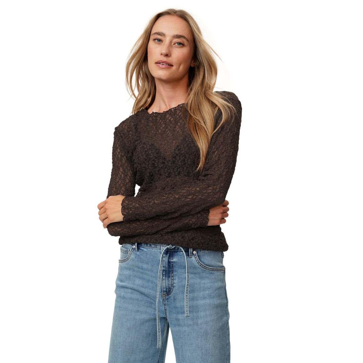Damen Spitzenshirt mit Wellensaum