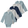 5 Baby Bodys im Farb-Mix taubenblau / hellgrau / dunkelblau