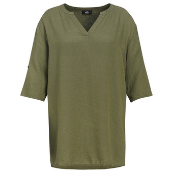Damen Leinen-Longbluse mit V-Ausschnitt